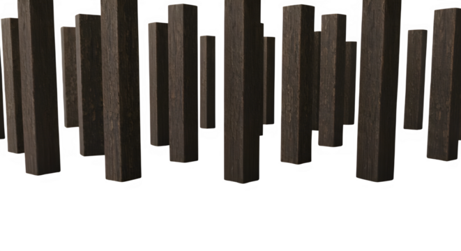 A group of wooden posts sitting on top of a white floor isolated on white background.