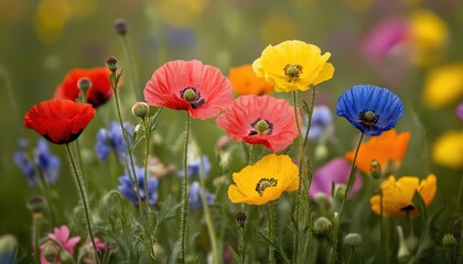 Naklejka premium Flowers blooming in a field, closeup, natural beauty, colorful landscape, spring atmosphere