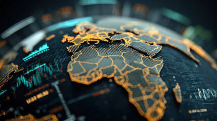 Digital globe with highlighted economic zones and data graphs showing global financial trends and market analysis.