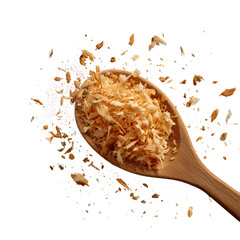 Rice in wooden spoon with dry organic spices and cereal seeds on white background