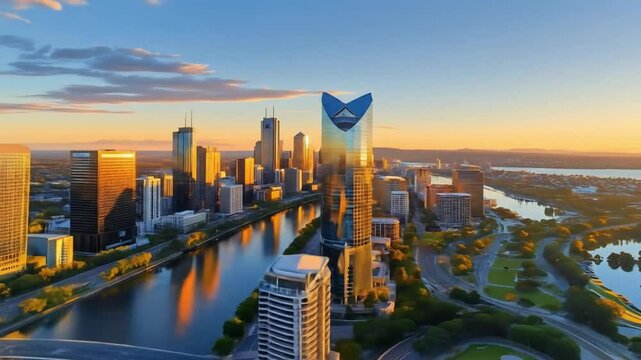High-resolution aerial panorama of Perth skyline glowing at sunset in golden-orange hues