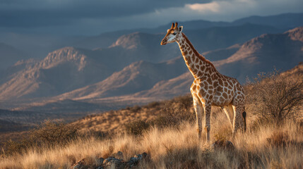 Obraz premium Giraffe standing in dry grassland with mountain range background under cloudy sky during golden hour.