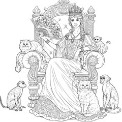 A regal figure sits on an ornate throne, elegantly holding a fan, surrounded by two cats and two monkeys in a detailed and whimsical royal setting.
