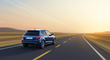 Fototapeta premium Blue Car Driving on Open Road