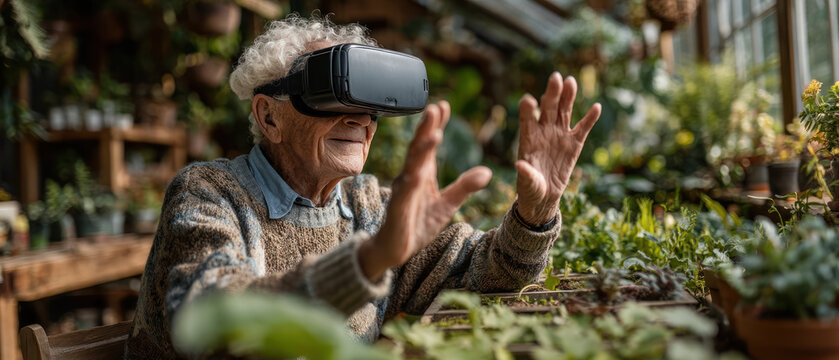 Happy elderly man exploring virtual garden with VR headset, enjoying immersive technology experience in cozy greenhouse. - Powered by Adobe