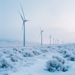 wind turbines in snow-covered plains, cold tones, atmospheric