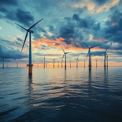 offshore wind farm in calm sea, dramatic clouds, cinematic angle