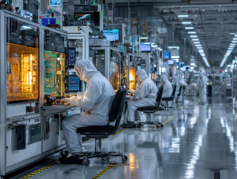 Semiconductor manufacturing clean room with technicians protective suits working advanced electronic equipment precise lighting.