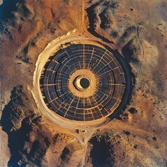 aerial view of circular solar grid in dry terrain, geometric layout