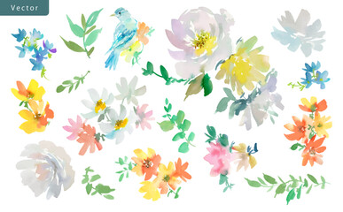 Watercolor Abstract white Peonies, blue bird, Wildflowers, and Leaves Vector Illustration Set / Hand-Painted Floral clipart set with transparent background.