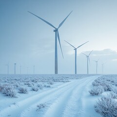 wind turbines in snow-covered plains, cold tones, atmospheric