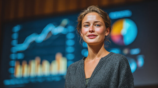 Young woman confident business presenter with digital screen showing graph and pie chart behind.