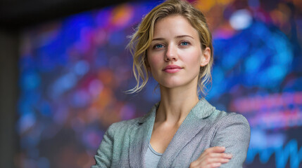 Confident businesswoman with crossed arms standing in front of colorful digital screen, professional and poised expression.