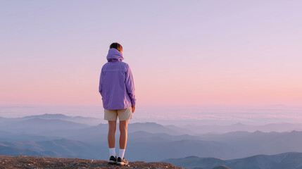 Obraz premium hiker in the mountains, young woman standing on the top of mountain, young woman looking at sunset
