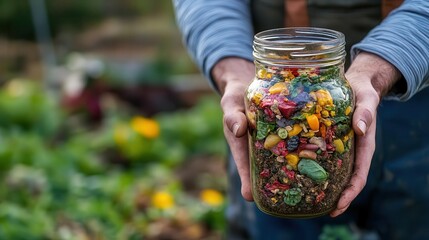 Person holding a jar of compost, sustainable gardening, ecofriendly lifestyle, warm lighting