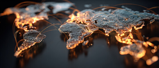 Zoom into world map with financial connections glowing, showing global network and digital communication in dark setting.