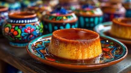 Creamy Flan Dessert on Colorful Pottery Plate