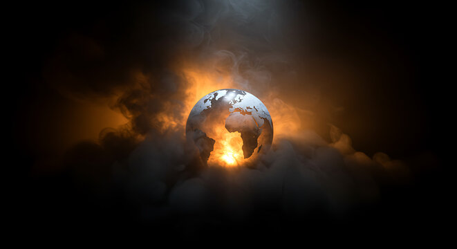 A burning Earth engulfed in flames and smoke, a stark visual representation of the climate crisis. The continents are outlined in white, emphasizing the global scope of the issue