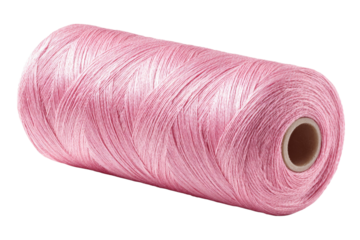 A pink yarn is rolled up on a white background