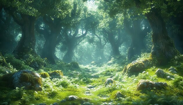 Rewilding forest area, new growth among old trees, biodiversity restoration, vibrant greens