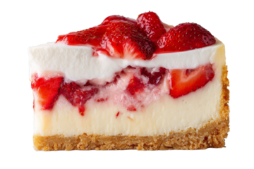 A slice of strawberry cheesecake with a crust