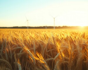 Rural field with wind turbines, renewable energy in agriculture, clear sky, ecopositive
