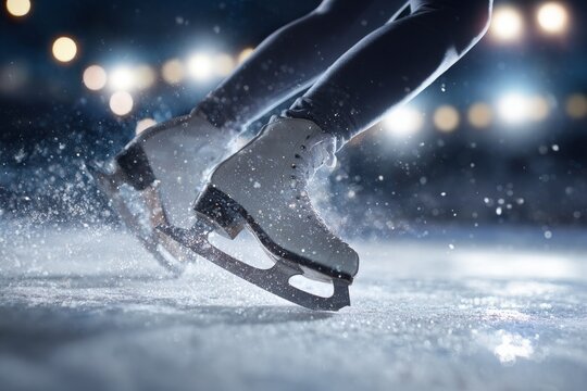 Close-up of figure skater's feet on ice with sparkling effects