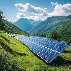 solar station on mountain plateau, panoramic perspective, bright daylight
