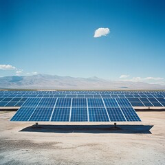 solar panels in desert under clear sky, minimal shadows, wide angle