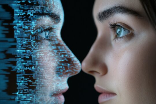 Female adult faces digital transformation connecting technology and humanity - Powered by Adobe