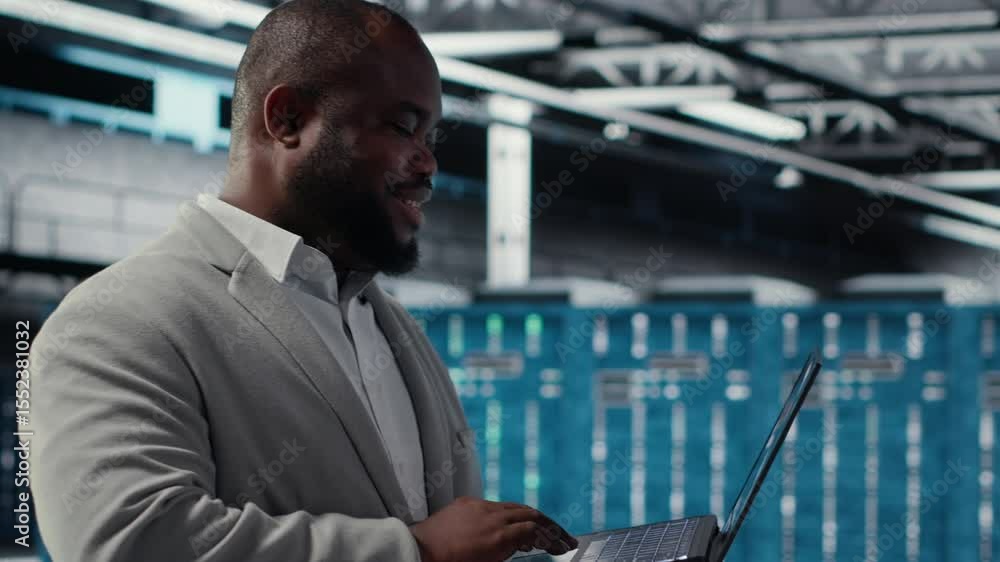 Poster data center engineer deploying ai driven management tools using laptop. server farm employee inspect