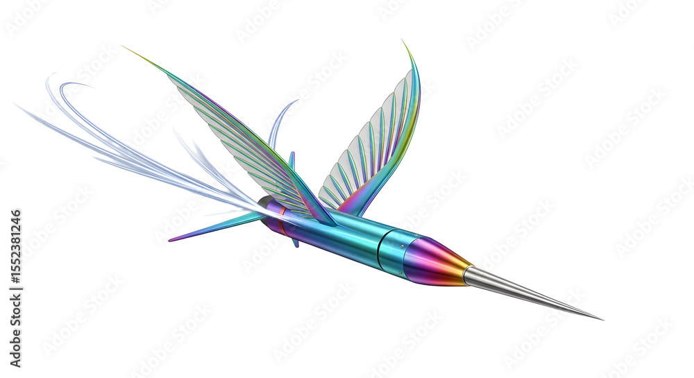 Poster abstract iridescent creature illustration with metallic beak and streaming trails on transparent bac
