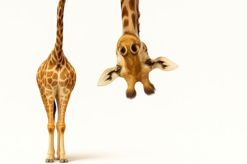 Obraz na płótnie Canvas Playful giraffe standing upside down on white background