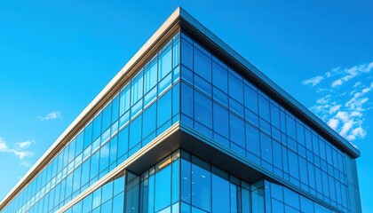 Solar panels on commercial building, modern architecture, clean energy, bright blue sky