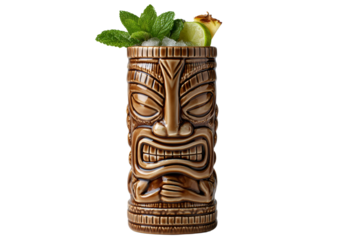 A tall, brown tiki drink with a lime and mint garnish