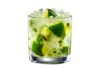 A glass of limeade with ice cubes in it