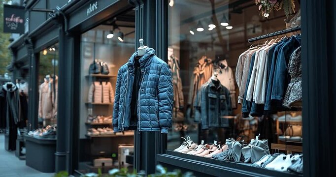 Clothing store window display with blue jacket and various apparel reflections street scene