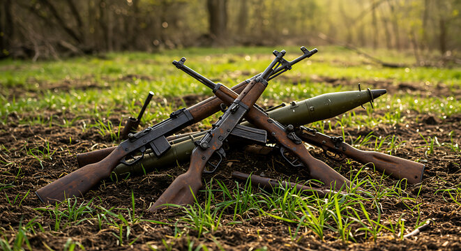 A collection of firearms including rifles and an RPG lying on green grass. The weapons are arranged haphazardly, suggesting a recent conflict or military exercise