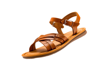 A tan sandal with a strap and buckle