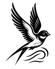 Obraz premium A black and white martin bird with white feathers is flying in the air.