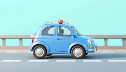 3D cartoon blue car illustration, ideal for transport concept, children’s content, or travel and mobility themes.