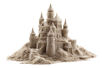 A sand castle is built on a sandy hill
