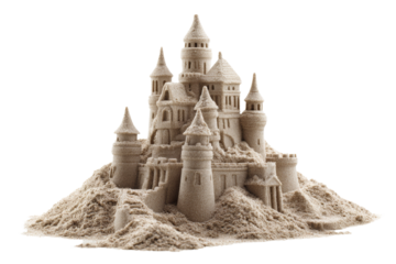 A sand castle is built on a sandy hill