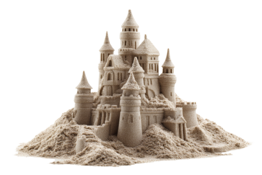 A sand castle is built on a sandy hill