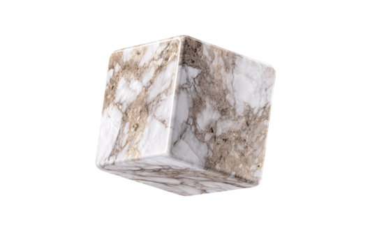 A white and brown marble cube is floating in the air