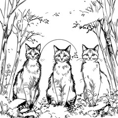 Three Cats Sitting in the Forest with Sunset – Black and White Line Art