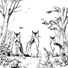 Three Cats Watching Nature – Black and White Forest Line Art