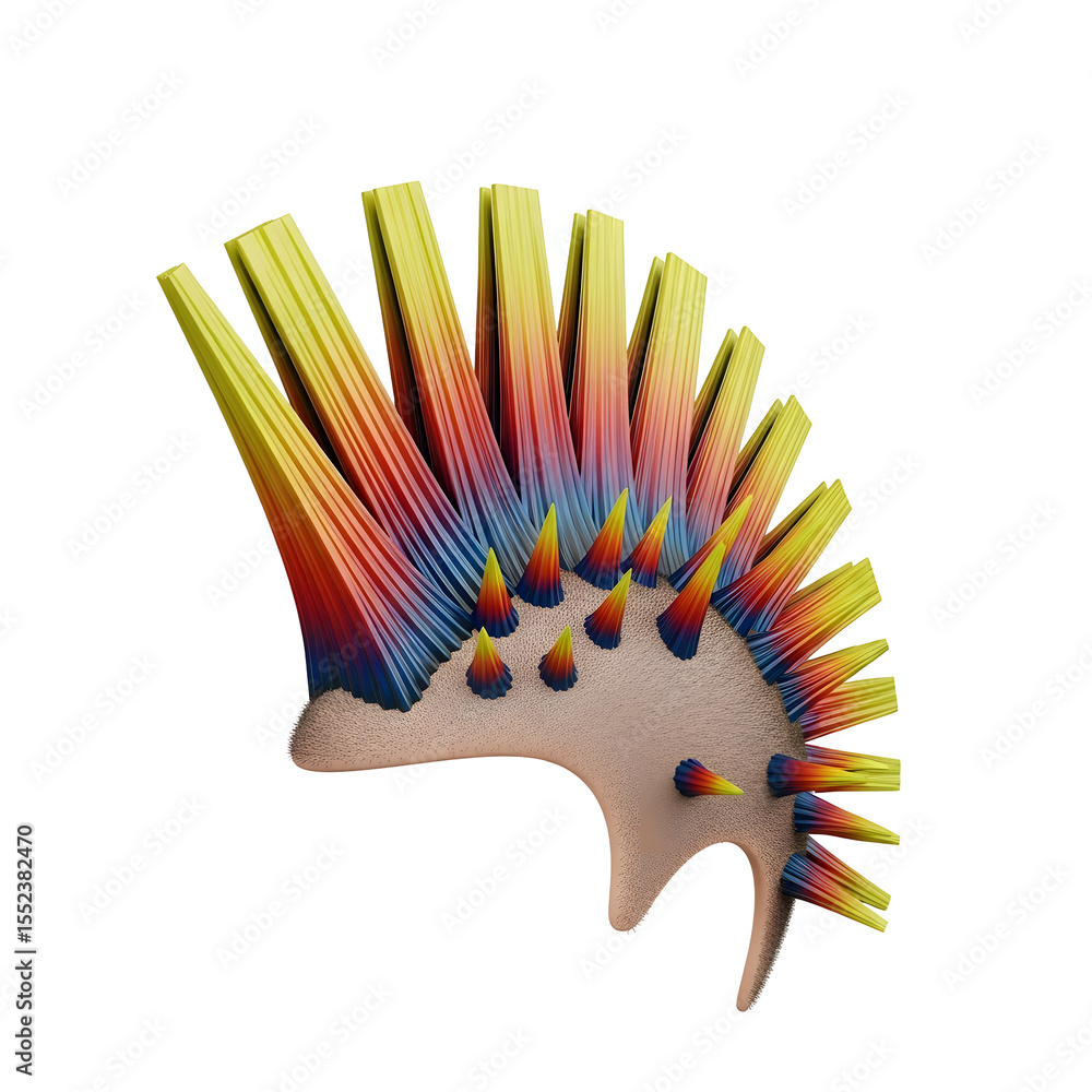 Poster abstract digital art of a shape with multiple colored spikes against a transparent background. the d