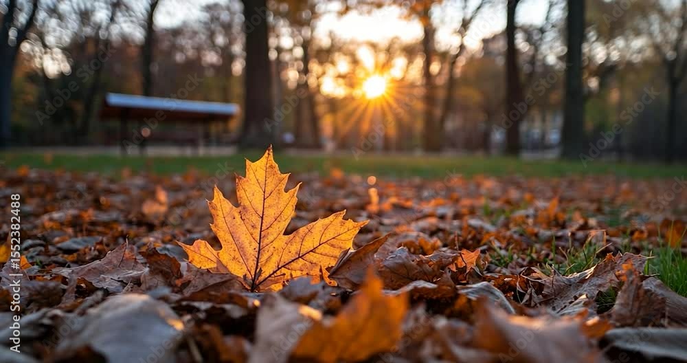 Poster close up view of an illuminated leaf surrounded by fallen foliage in autumn. sunlight breaks through