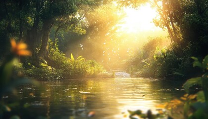 Wildlife habitat with preserved forest, ecoconservation, serene nature, warm sunlight